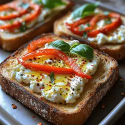 Roasted Pepper Feta Toast is a delightful and versatile dish that has taken the culinary world by storm. This vibrant toast is more than just a meal; it is an experience that brings together the warm, sweet flavors of roasted bell peppers and the rich creaminess of feta cheese, all harmoniously layered on a slice of crusty bread. Whether served as an appetizer at a dinner party, a quick snack during a busy day, or a light meal paired with a salad, Roasted Pepper Feta Toast captivates the palate with its perfect blend of textures and flavors.