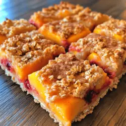 Peach Raspberry Oat Squares are a celebration of nature’s bounty, showcasing the vibrant colors and flavors of summer fruits. The sweet, succulent peaches provide a rich base flavor, while the bright and tangy raspberries add a delightful contrast that keeps each bite exciting. The oat crust serves as a perfect vessel, offering a satisfying chew and nutty undertones. This balance of flavors and textures makes Peach Raspberry Oat Squares a versatile dessert, suitable for a picnic, a cozy family gathering, or a simple evening treat at home.