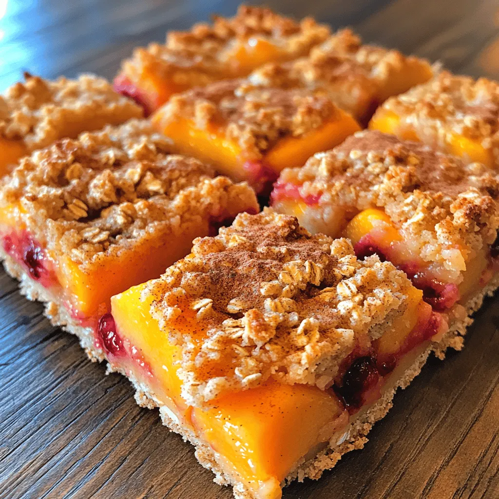 Peach Raspberry Oat Squares are a celebration of nature’s bounty, showcasing the vibrant colors and flavors of summer fruits. The sweet, succulent peaches provide a rich base flavor, while the bright and tangy raspberries add a delightful contrast that keeps each bite exciting. The oat crust serves as a perfect vessel, offering a satisfying chew and nutty undertones. This balance of flavors and textures makes Peach Raspberry Oat Squares a versatile dessert, suitable for a picnic, a cozy family gathering, or a simple evening treat at home.