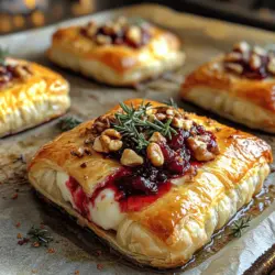 Baked Brie has gained popularity over the years, becoming a staple appetizer in many culinary repertoires. This classic dish transforms a simple wheel of Brie cheese into something extraordinary. When baked, Brie becomes soft and gooey, making it easy to spread on crackers or bread. Pairing it with sweet and tangy cranberry sauce elevates the flavor profile, while the addition of puff pastry adds a delightful crunch. Whether you are hosting a festive gathering or simply indulging in a quiet evening, these baked Brie bites are sure to wow your guests and satisfy your palate.