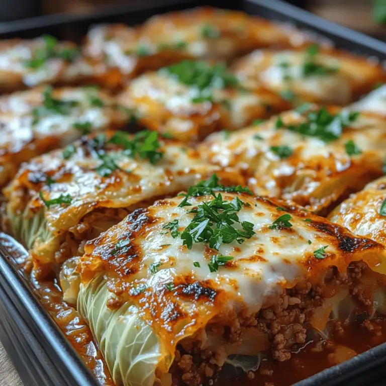 Savory Stuffed Cabbage Casserole is a comforting dish that beautifully marries the robust flavors of seasoned meat and rice with the tender embrace of cabbage leaves. This recipe offers a delightful twist on traditional stuffed cabbage rolls, transforming them into a hearty casserole that is perfect for family dinners or meal prep for the week. With its rich tomato sauce and gooey mozzarella topping, this dish is sure to become a favorite at your table.