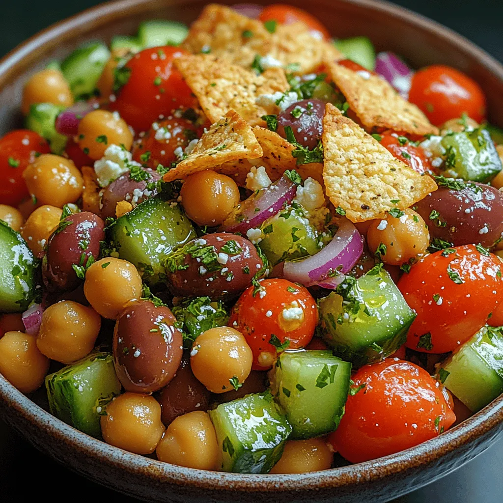 Once you've assembled all the components of your Crunchy Greek Chickpea Salad, it’s time to bring everything together for a harmonious blend of flavors. Start by placing your chickpeas, diced cucumbers, cherry tomatoes, red onion, bell peppers, and olives into a large mixing bowl. Drizzle your prepared dressing generously over the salad ingredients.
