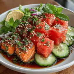 As summer temperatures rise, so does the desire for dishes that are not only refreshing but also packed with nutrients. The Refreshing Watermelon & Salmon Salad Bowl is the perfect answer to this culinary quest. This vibrant salad marries the sweet, juicy essence of fresh watermelon with the rich, savory flavor of sushi-grade salmon, creating a dish that is both satisfying and invigorating. The combination of bright colors and contrasting textures makes this salad not only a feast for the palate but also a visual delight, ideal for serving at summer gatherings or enjoying as a light lunch.