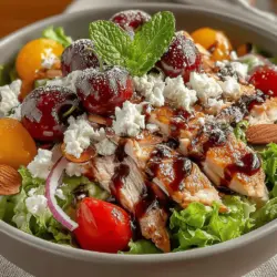 The Cherry & Chicken Salad Bowl is a delightful culinary creation that marries the sweet and tangy flavor of cherries with the savory richness of chicken. This vibrant dish is not only visually appealing, with its array of colors and textures, but it also packs a nutritional punch, making it a favorite among health-conscious food enthusiasts. It serves as a perfect meal option for those seeking something quick yet satisfying, ideal for lunch on a busy workday or a light dinner.