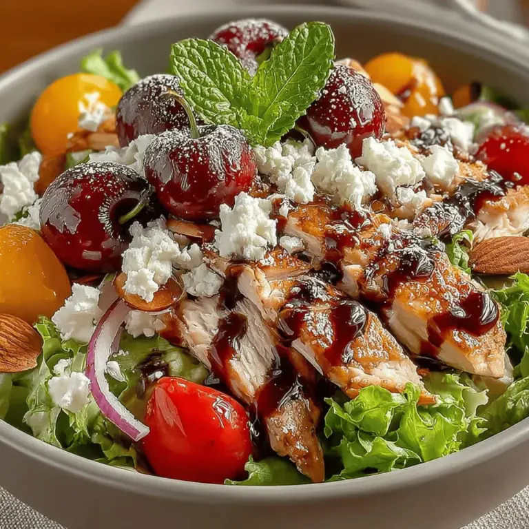 The Cherry & Chicken Salad Bowl is a delightful culinary creation that marries the sweet and tangy flavor of cherries with the savory richness of chicken. This vibrant dish is not only visually appealing, with its array of colors and textures, but it also packs a nutritional punch, making it a favorite among health-conscious food enthusiasts. It serves as a perfect meal option for those seeking something quick yet satisfying, ideal for lunch on a busy workday or a light dinner.