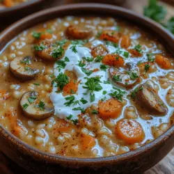 To create a flavorful base for your Creamy Mushroom Barley Stew, start by sautéing the aromatics. Heat a large pot or Dutch oven over medium heat and add two tablespoons of olive oil or unsalted butter. Once the oil is hot or the butter has melted, add one medium onion, finely chopped. Sauté the onion for about 5 minutes, or until it becomes translucent and fragrant. This step is crucial as it builds the foundation of flavor for your stew.