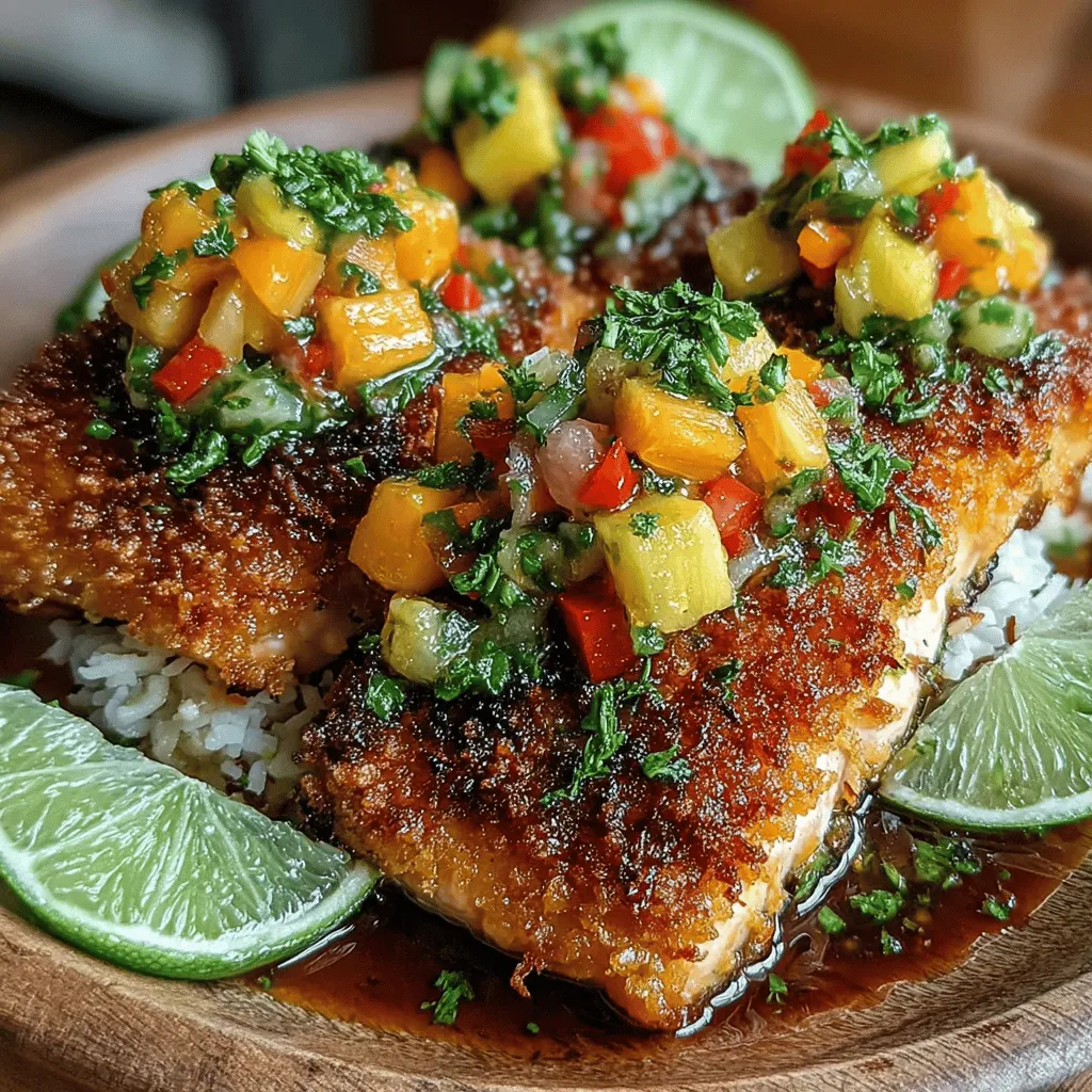 Coconut Crusted Salmon with Pineapple Salsa is a dish that perfectly marries the rich, buttery essence of salmon with the vibrant, tropical zest of pineapple salsa. This culinary creation not only tantalizes the taste buds but also offers a nutritious option packed with healthy fats, vitamins, and minerals. Salmon, known for its health benefits, becomes even more irresistible when coated in a crunchy coconut exterior, while the fresh pineapple salsa provides a refreshing contrast that complements the dish beautifully. Whether you're preparing a cozy weeknight dinner or hosting an elegant weekend gathering, this recipe is sure to impress family and friends alike. Let's delve into the details of this delightful dish, exploring its components, preparation methods, and serving suggestions.