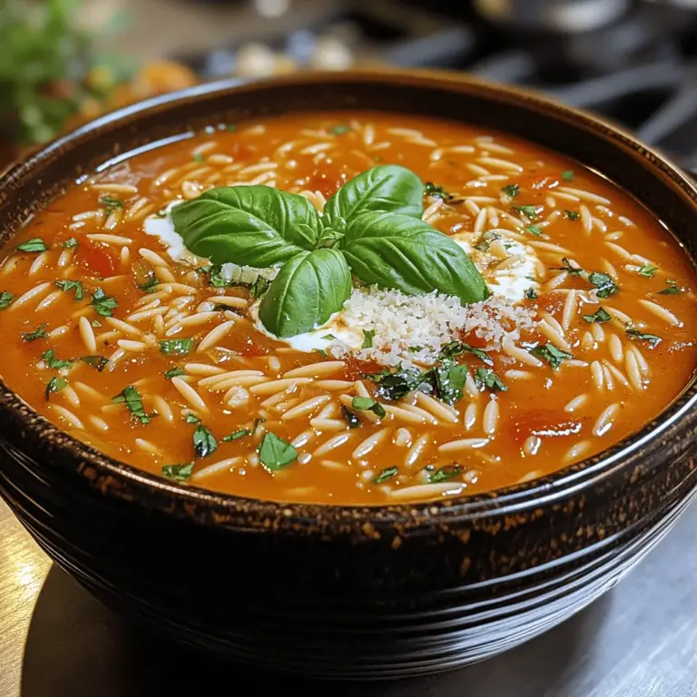 To create a rich and flavorful base for your Creamy Tomato Orzo Soup, start by adding the canned tomatoes to the sautéed onion and garlic mixture. Use a combination of crushed tomatoes and diced tomatoes for a varied texture. This combination introduces both a smooth body and delightful chunks within the soup, enhancing its overall appeal.