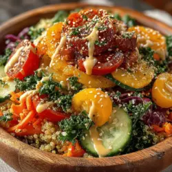 The Rainbow Quinoa Salad with Tahini Drizzle is more than just a vibrant dish; it is a delightful combination of nutrition and flavor that appeals to both the eyes and the palate. This colorful salad is an ideal choice for a light lunch, a side dish at dinner, or a nourishing snack any time of the day. At the heart of this recipe is quinoa, a grain-like seed that has gained popularity in health-conscious circles due to its impressive nutritional profile.