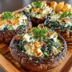 Creating the filling for your savory spinach and feta stuffed portobellos is where the magic begins. To achieve the perfect texture and flavor balance, you’ll want to combine the ingredients thoughtfully. Start by sautéing your fresh spinach in a drizzle of olive oil until it wilts down. This not only enhances the flavor but also reduces the water content, preventing sogginess in your stuffed mushrooms.