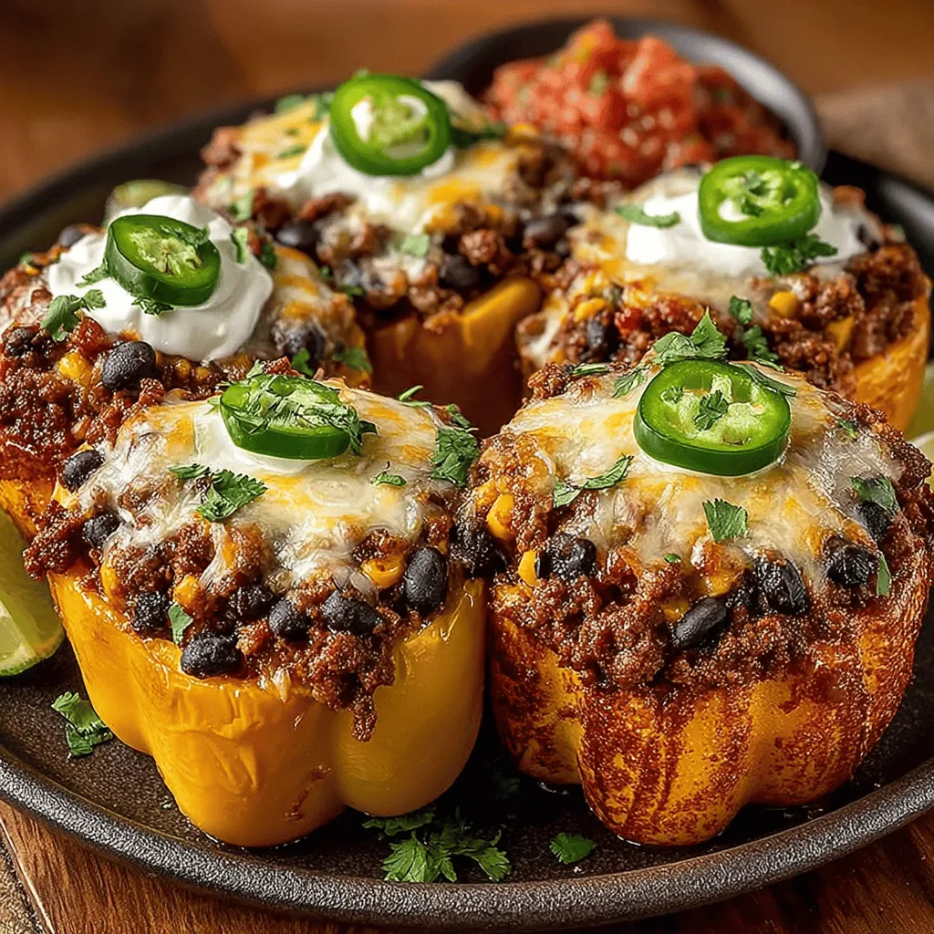 Taco-Inspired Stuffed Bell Peppers are a vibrant, flavorful dish that seamlessly combines the beloved elements of tacos with the healthy benefits of bell peppers. As a delightful twist on traditional taco recipes, this dish showcases the best of both worlds: the comforting, familiar flavors of taco fillings and the nutritious profile of fresh vegetables. Each stuffed pepper is a colorful package filled with a hearty blend of ground meat, beans, corn, and an array of spices, making it not just a meal but a feast for the senses. Whether you're planning a family dinner, hosting a gathering, or simply craving a wholesome and satisfying meal, these stuffed peppers are sure to become a favorite in your culinary repertoire.