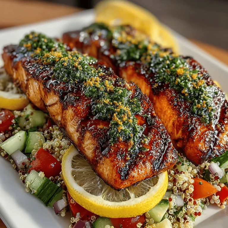 If you're in search of a vibrant and flavorful dish that's as nutritious as it is visually stunning, look no further than Zesty Lemon Herb Grilled Salmon with Quinoa Bliss. This delightful recipe brings together the rich flavors of grilled salmon, infused with the zesty brightness of lemon and aromatic herbs, perfectly complemented by a fluffy bed of quinoa. Not only does this dish dazzle the palate, but it also serves as a wholesome meal option, packed with essential nutrients.